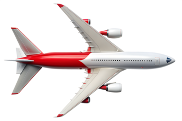Top down view of a modern red and white passenger jet airplane  isolated on white background, PNG