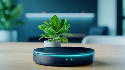 Modern smart device with glowing LED light wooden table beside green potted plant bright living room, futuristic home technology and interior design for modern, green, and connected workspace - Powered by Adobe