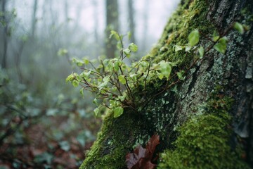Mossy tree trunk with foliage