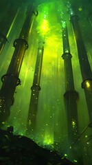 Submerged, glowing pipes in a vibrant green, murky environment.