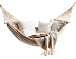  Relaxation Hammock with Rolled Blanket and Book, side view composition, isolated on white