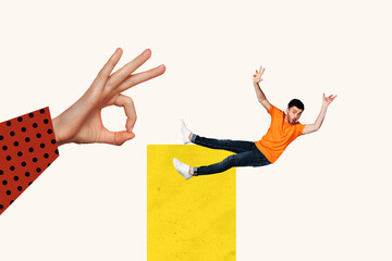 Template sketch trend artwork 3D photo collage of overcome hand gesture pull young man confused fly...