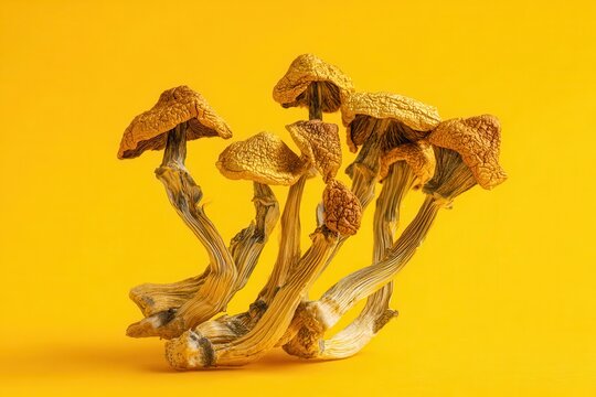Golden Teacher psilocybin mushrooms on bright yellow Psychedelic used for medical purposes microdosing concept