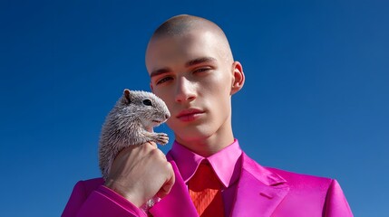 Young man smiling and holding a pet rodent in bright pink clothing against a blue sky.