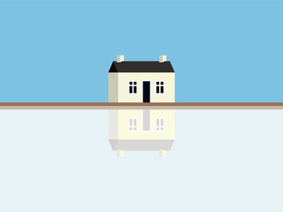 Minimalist House on  Greenfield Illustration with Reflection on River.