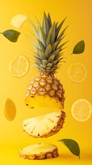 Pineapple and lemon slices in mid-air against a yellow background.