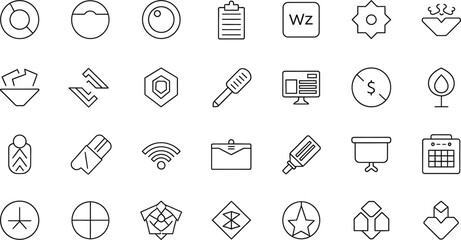 Collection of various line art icons arranged in a grid pattern on white