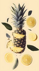 Sliced pineapple and lemon slices arranged in a creative composition.