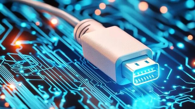 Close up of silver data cable connector and white USB cable glowing blue circuit board, highlighting technology, electronic innovation, digital communication, and modern data transfer futuristic
