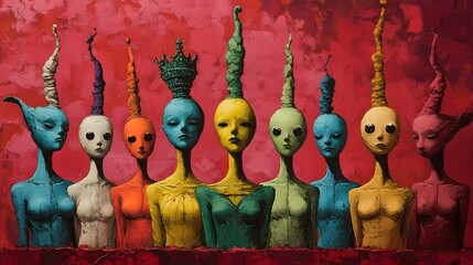 Row of stylized figures in vibrant colors.