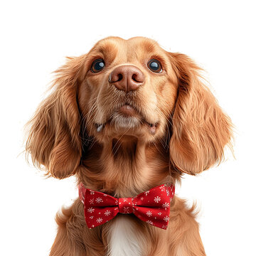 Portrait of a cheerful Cocker Spaniel dog wearing a festive red and white polka dot bow tie isolated on a pure white background