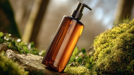 Eco-Friendly Amber Glass Pump Bottle with Black Dispenser Cap for Natural Personal Care or Beauty Products in Outdoor Setting