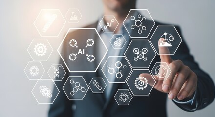 Businessman interacts with a futuristic interface displaying various technology icons, including AI and chemical formulas.