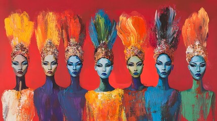 Colorful female figures in vibrant hues.