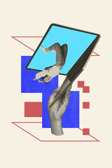 Trend artwork template 3D collage sketch of hand hold laptop young lady fly internet web creative...