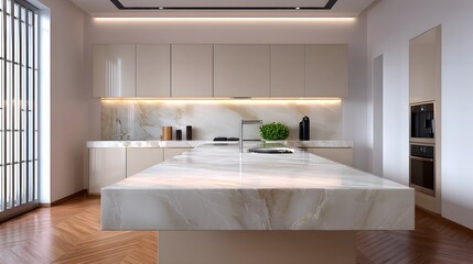 Sleek and contemporary modern kitchen with marble countertop and minimalist design.