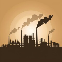 Obraz premium Industrial complex silhouette emitting smoke at sunset.