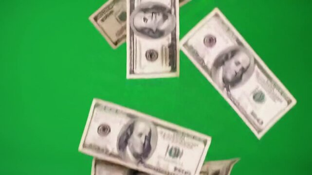 Bills falling one-by-one from top of screen, cinematic style, green screen