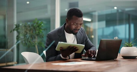 Tablet, research and laptop with business black man in office for market forecast, trading and review. Account manager, broker planning and report with person in agency for revenue and profit - Powered by Adobe