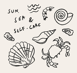 Hand drawn sea animals and shells outlined in black on beige background. Crab, shrimp, seashells in doodle sketch style vector illustration. Summer elements for print.