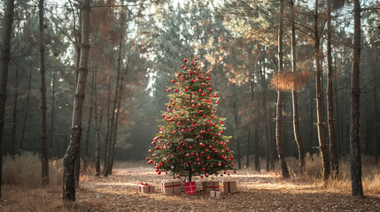 Christmas tree with red ornaments and gift boxes standing in the middle of a quiet pine forest at sunrise