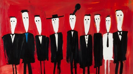 Group of stylized figures in black suits against a red background.