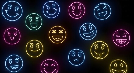Neon Emoji Faces on Dark Background | Set of Glowing Expressions for Social Media, Messaging, and App Design