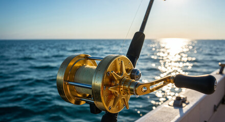Gold-plated fishing reel on boat railing in sunlit open ocean
