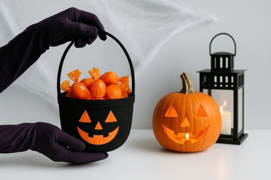 Halloween celebration with a black pumpkin bucket filled with orange candies, spooky jack-o'-lantern, and candle lantern creating a festive atmosphere