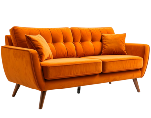  Mid-Century Orange Sofa in Curved Design, angled view, isolated on transparent background