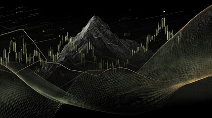 Mystical mountain peak with golden financial chart overlays and flowing data waves representing investment growth and strategy