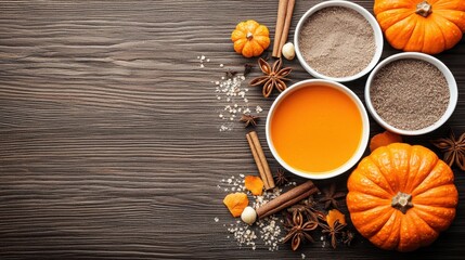 Top-down Food Images And Cooking Concept. Autumn Ingredients for Pumpkin Spice Recipe with Spices and Pumpkins on Wooden Background