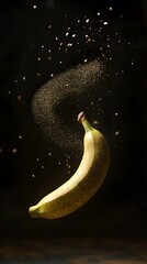 A banana in mid-air with particles of a light brown color exploding around it.