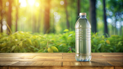 Refreshing Water Bottle on Wooden Table with Forest Background in Sunlight