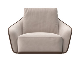 Front view of a modern two-tone armchair with beige fabric and brown leather exterior, isolated on a grey background.