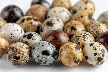 Obraz premium Numerous quail eggs atop a light backdrop