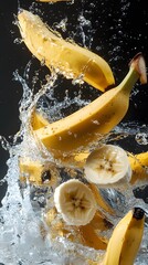 Fresh bananas in water with splashes.
