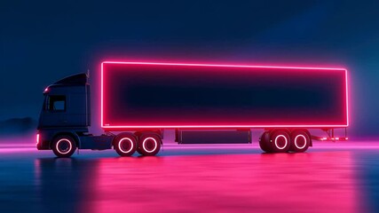 Futuristic truck and trailer with neon pink glowing lights, modern semi on reflective surface at night, digital technology and innovation, sleek design, energetic atmosphere, futuristic night scene - Powered by Adobe