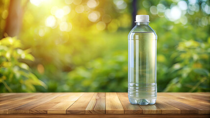 Refreshing water bottle on wooden surface with blurred green nature background