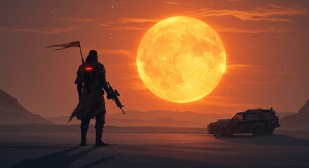 Fototapeta premium Solitary figure in dystopian landscape with car and large sun setting on horizon