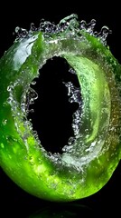 Green pepper slice encircled by water splash.
