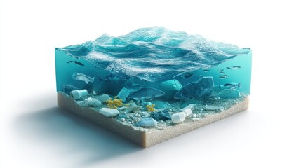 Technical schematic of plastic pollution in the ocean illustrating surface debris, microplastic sinking layers, and interaction with marine food chains in the context of marine biology
