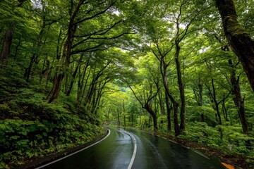 Obraz premium Oirase Gorge s mountain path lined with lush trees Aomori Tohoku Japan