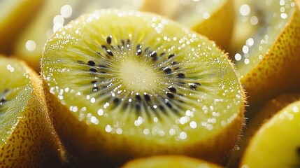 Close-up view of sliced kiwi fruits,  showing the vibrant yellow flesh and black seeds.  A glistening surface and shallow depth of field