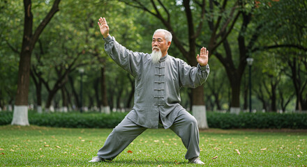 Elderly Asian Man Practicing Tai Chi in Park