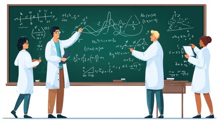 Scientists collaborating at a chalkboard