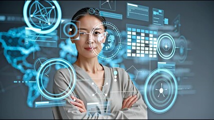 Woman and Holographic Interface: A confident woman with arms crossed stands calmly amidst a futuristic holographic interface, displaying various digital data and interactive elements. - Powered by Adobe