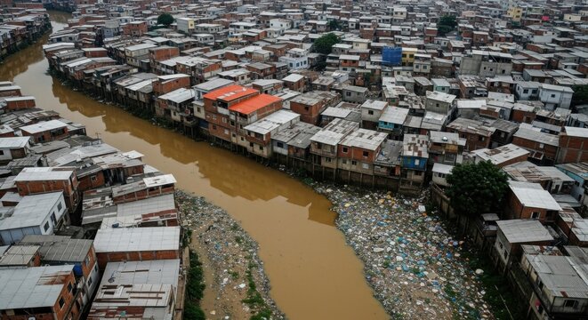 Exploring a Closeup View of Urban Slums and Polluted Waterway in a Brazilian City