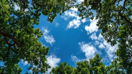 bright blue sky framed by lush green tree branches and fluffy white clouds, creating a serene natural view 