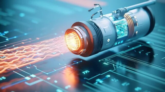 Futuristic energy device and cable emit glowing light and digital stream on high tech circuit board, showcasing advanced technology, innovation, engineering, and modern sci fi inspired concepts